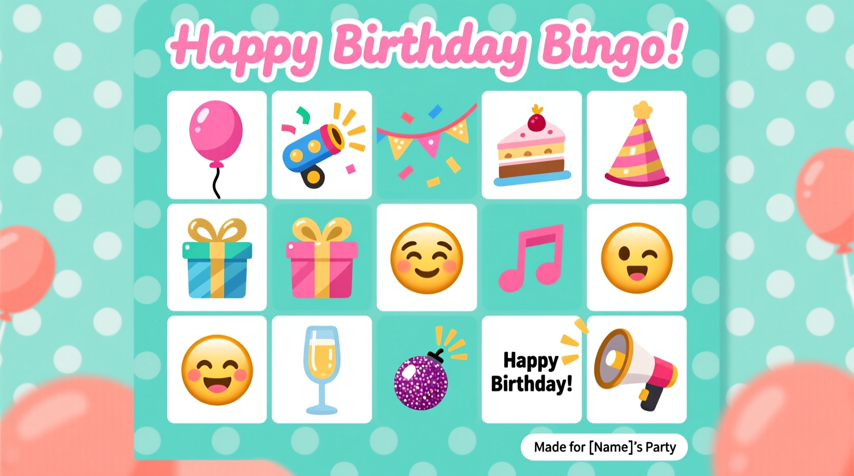 Custom birthday bingo card with party-themed squares and emoji icons