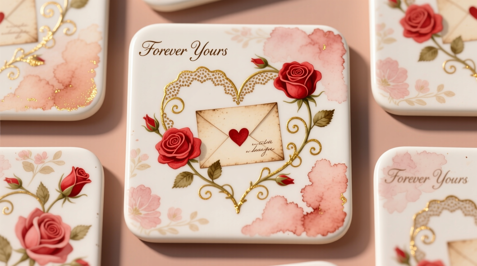 Hand-painted ceramic tile coasters with romantic Valentine designs