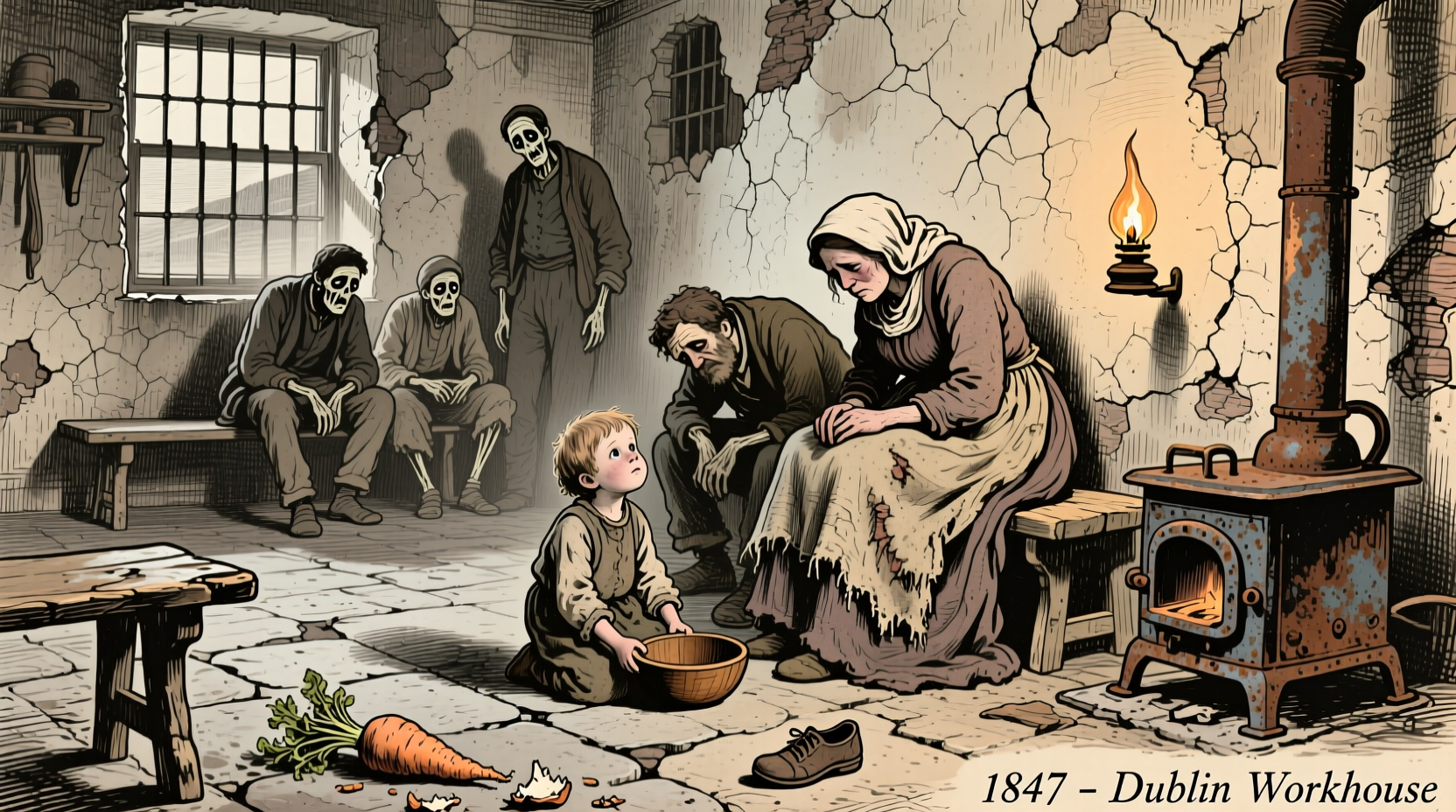 Historical illustration of Irish famine victims in workhouse