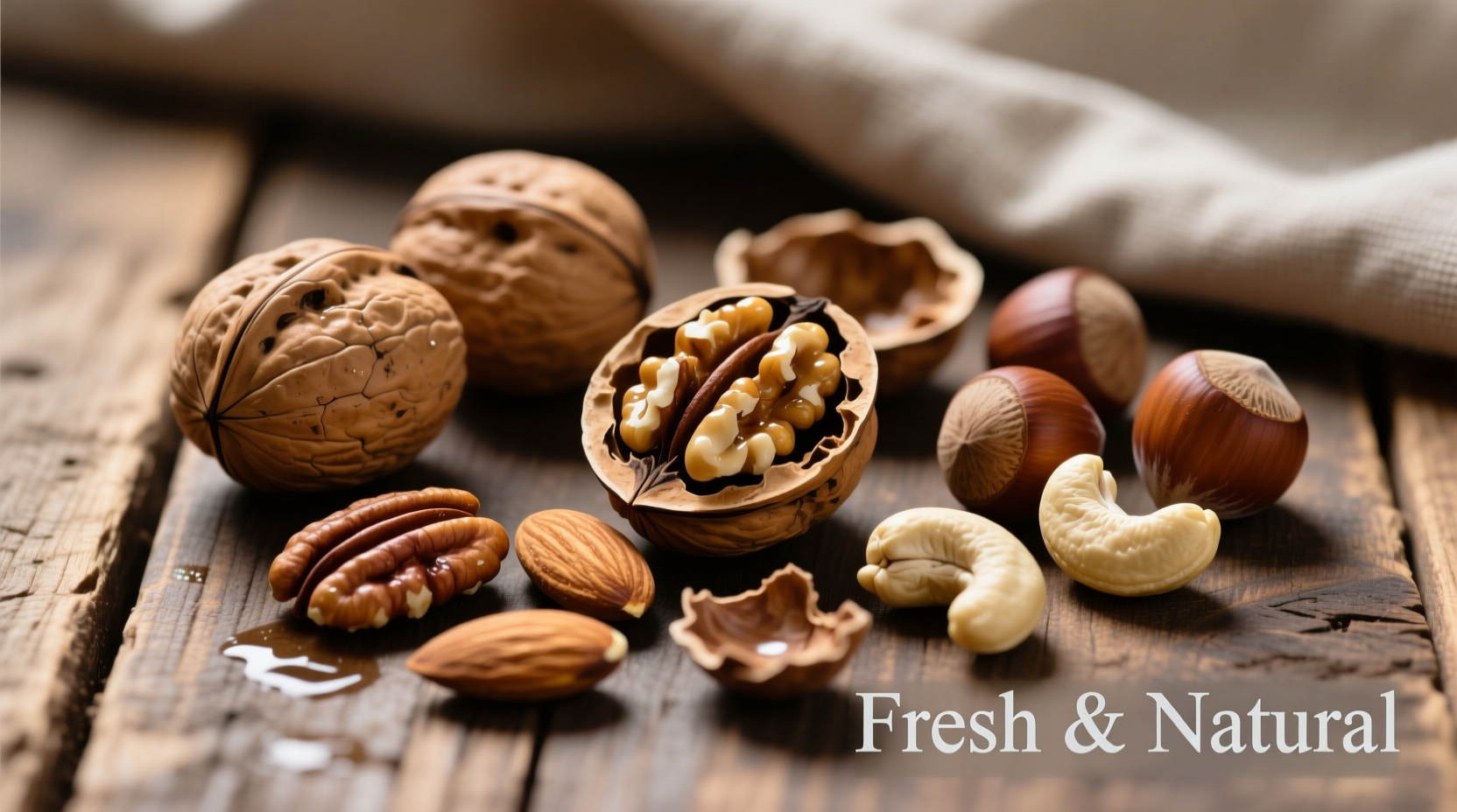 Variety of fresh nuts in shell and shelled