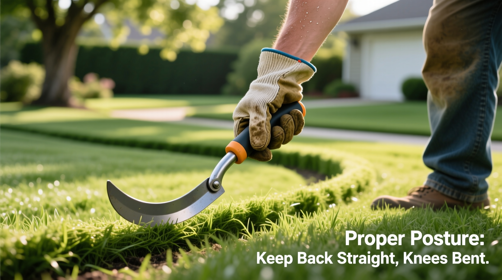 Hand demonstrating proper body position for curved lawn edging