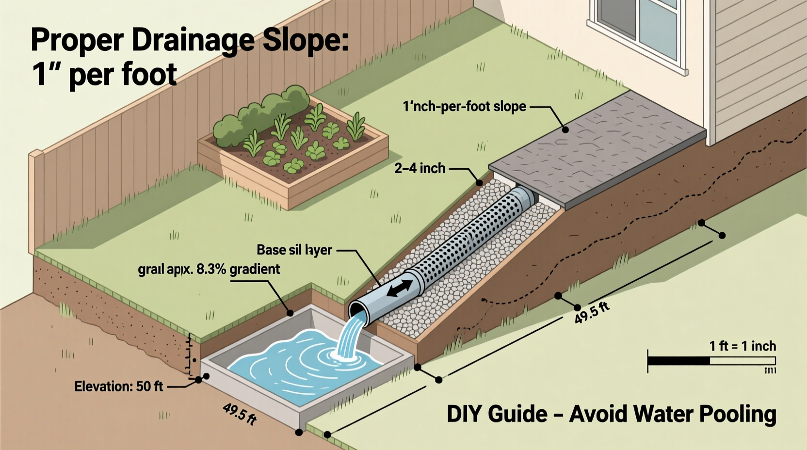 DIY backyard drainage slope diagram showing proper grading