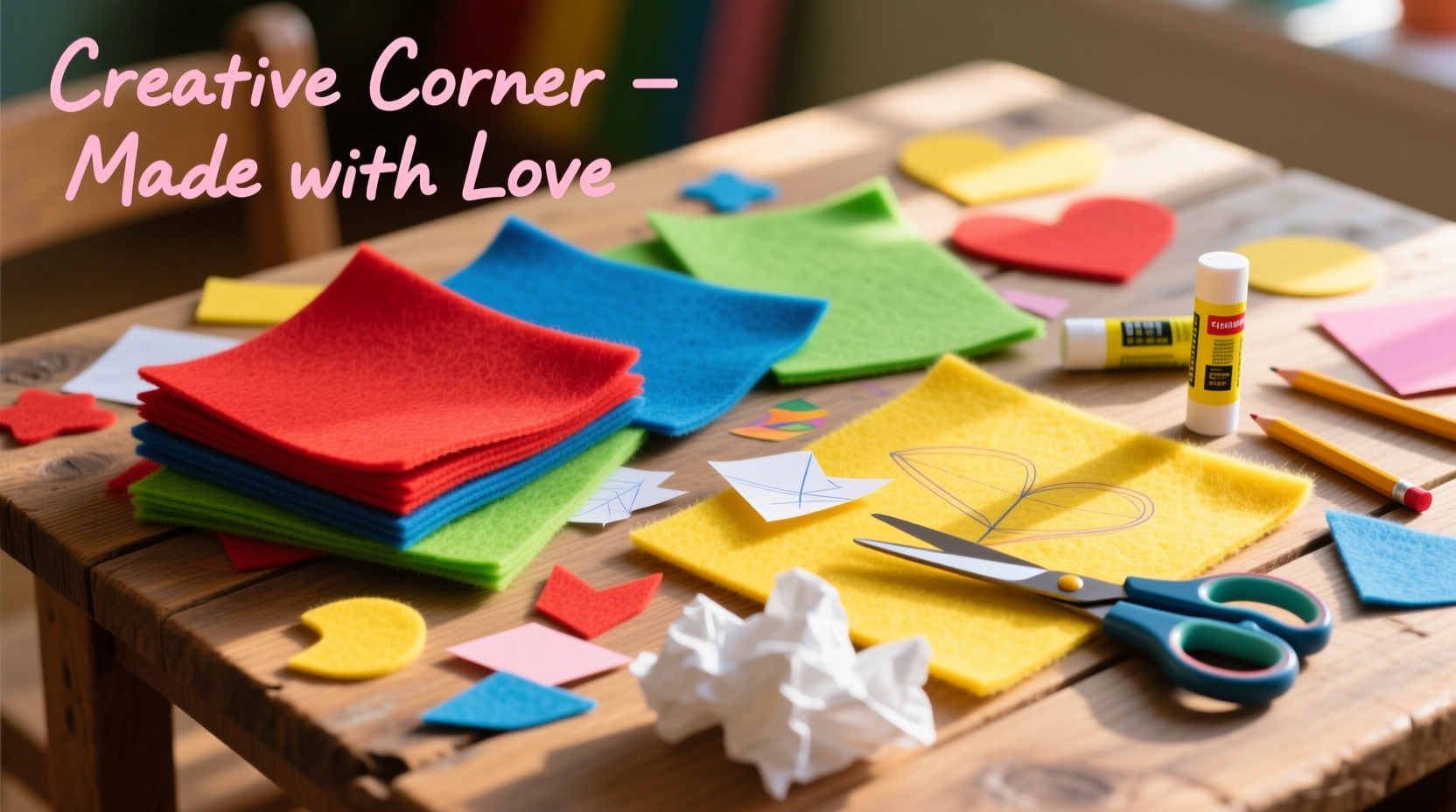 Colorful felt sheets arranged with scissors and glue sticks on wooden table