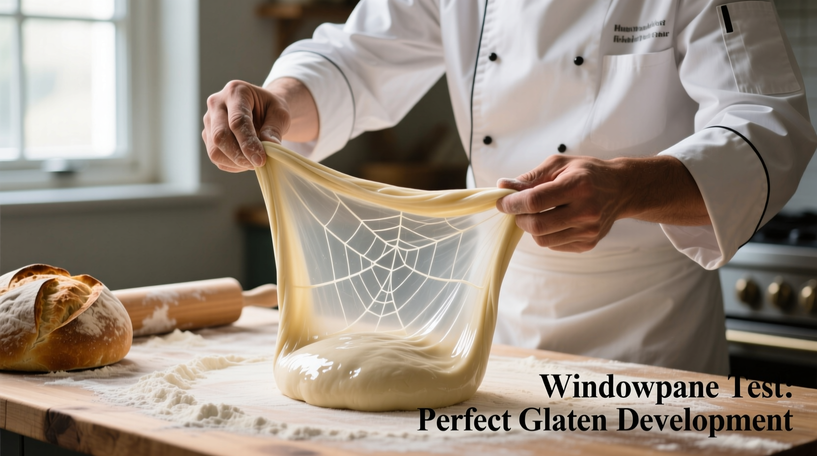 Baker demonstrating windowpane test with elastic bread dough