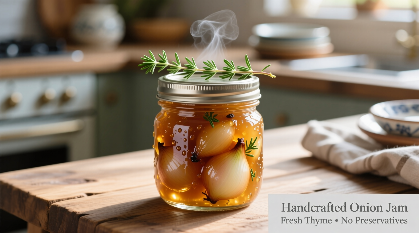 Homemade onion jam in glass jar with fresh thyme
