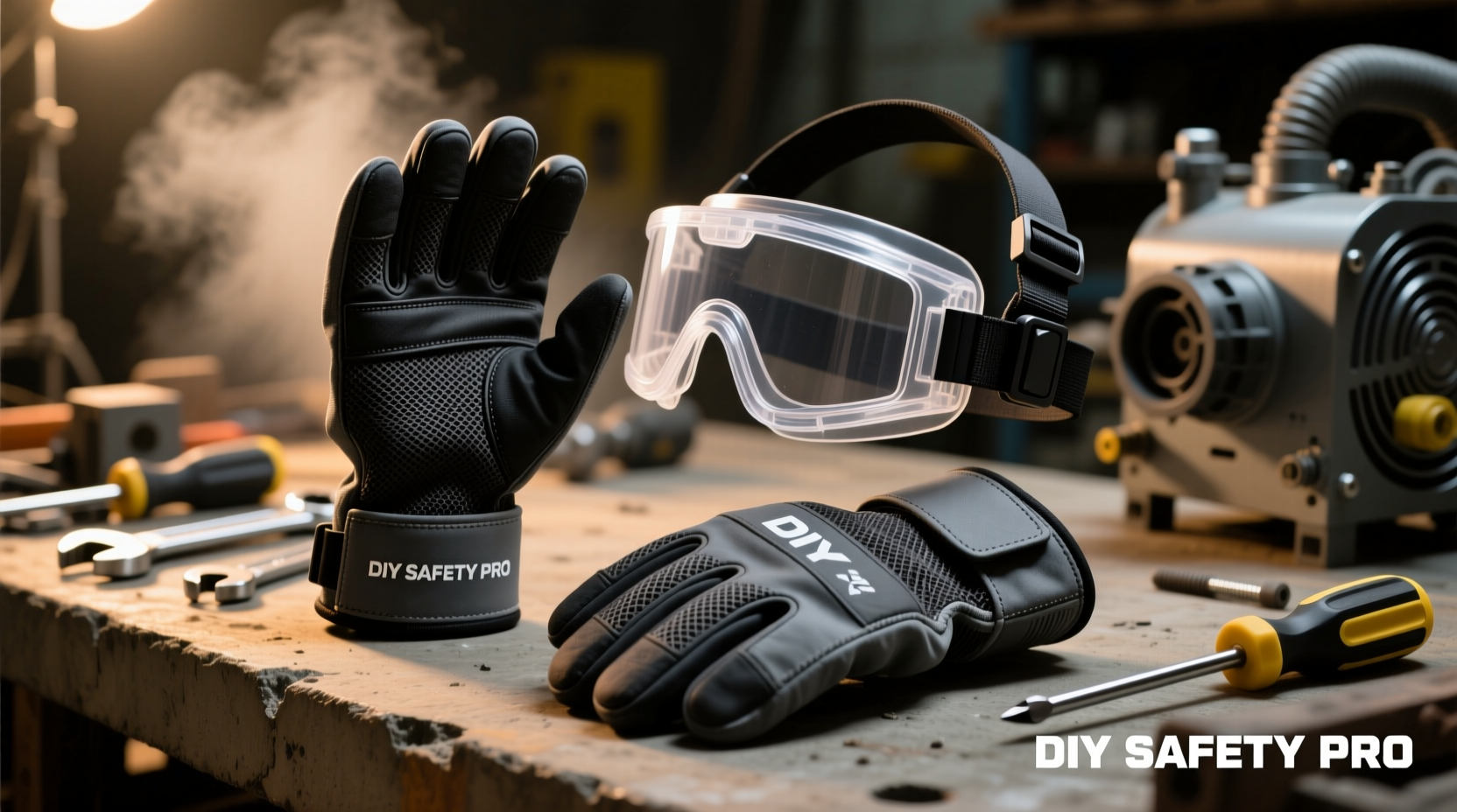 DIY fog machine safety gear including gloves and goggles