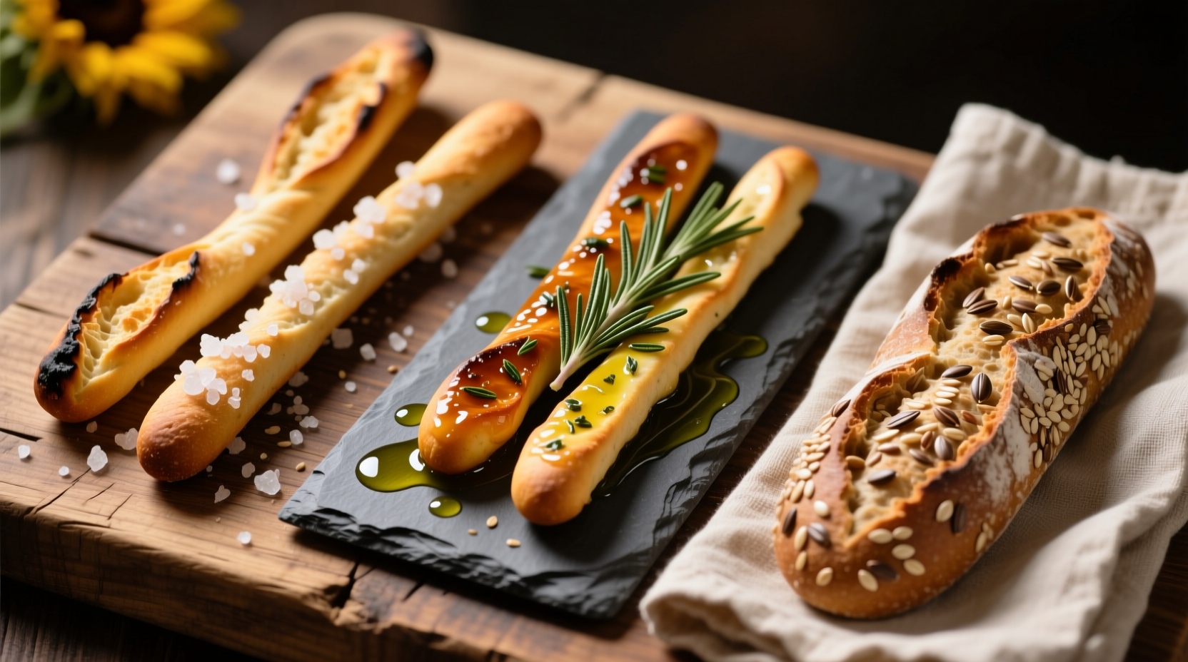 Three variations of crispy homemade breadsticks