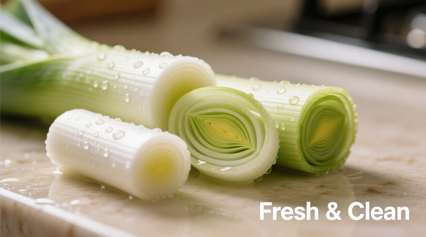 Close-up of properly cleaned leek sections showing edible portions