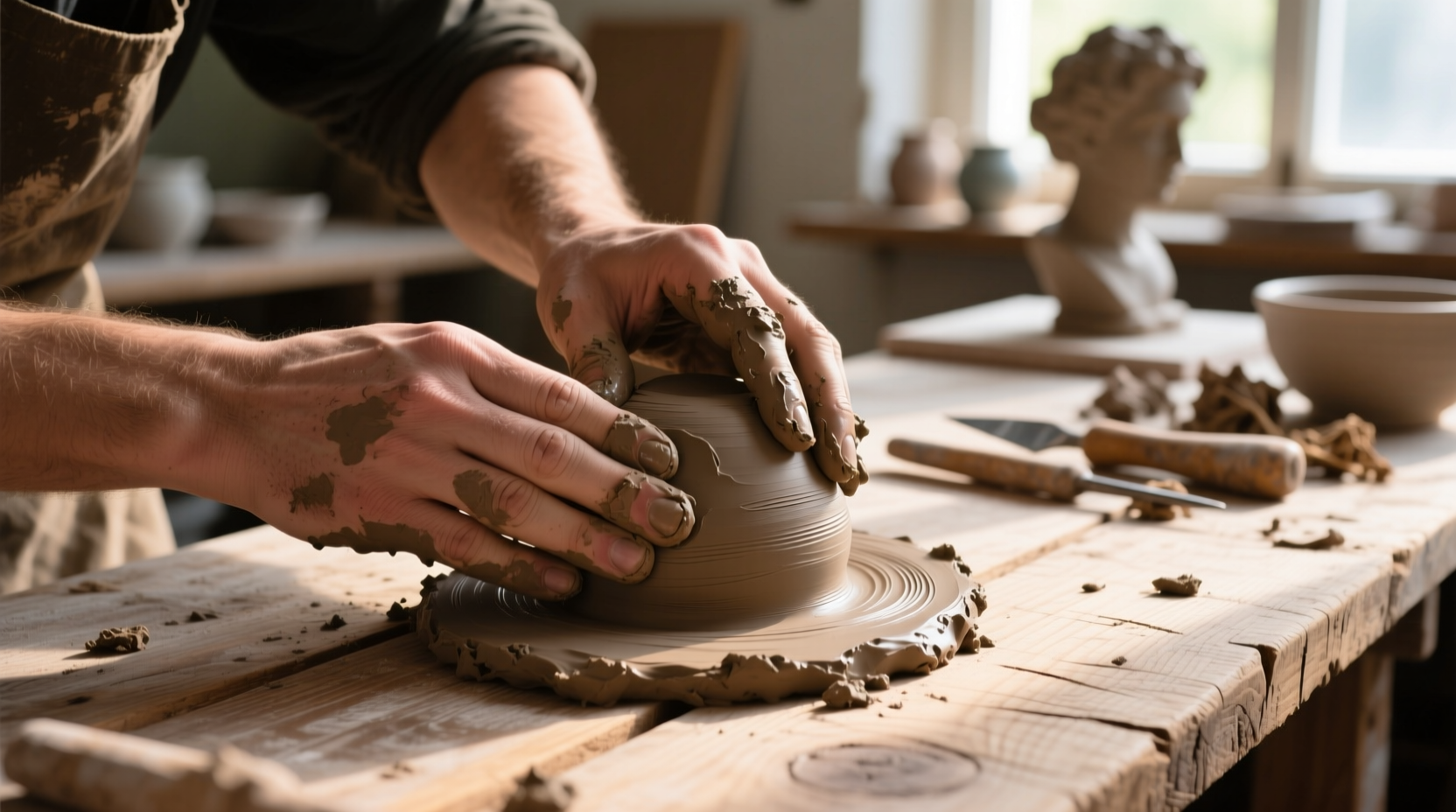 Hand shaping clay on wooden work surface