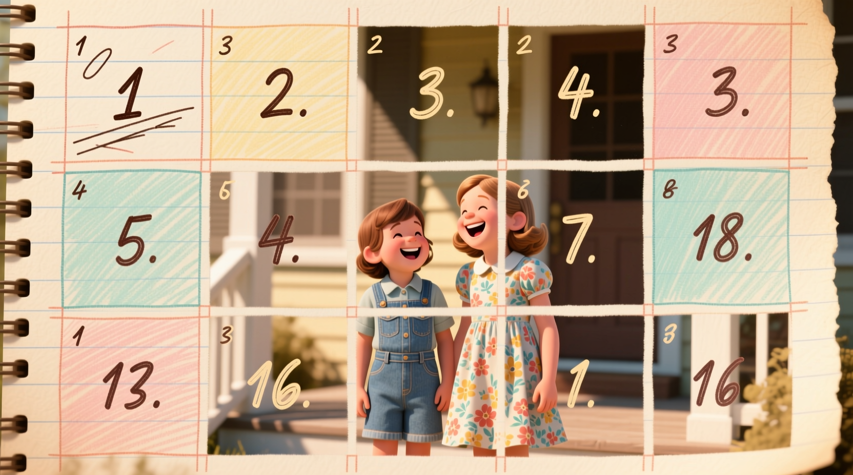 Hand-drawn color grid on printed photo with numbered sections