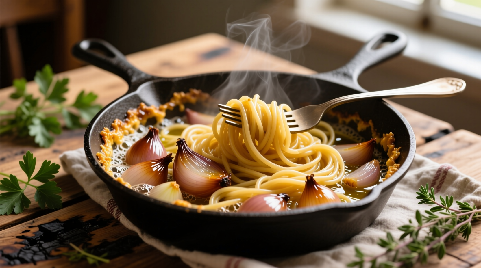 Caramelized onions in skillet with pasta