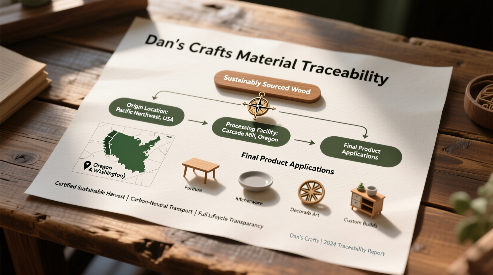Dan's Crafts material traceability chart showing wood source location and project applications