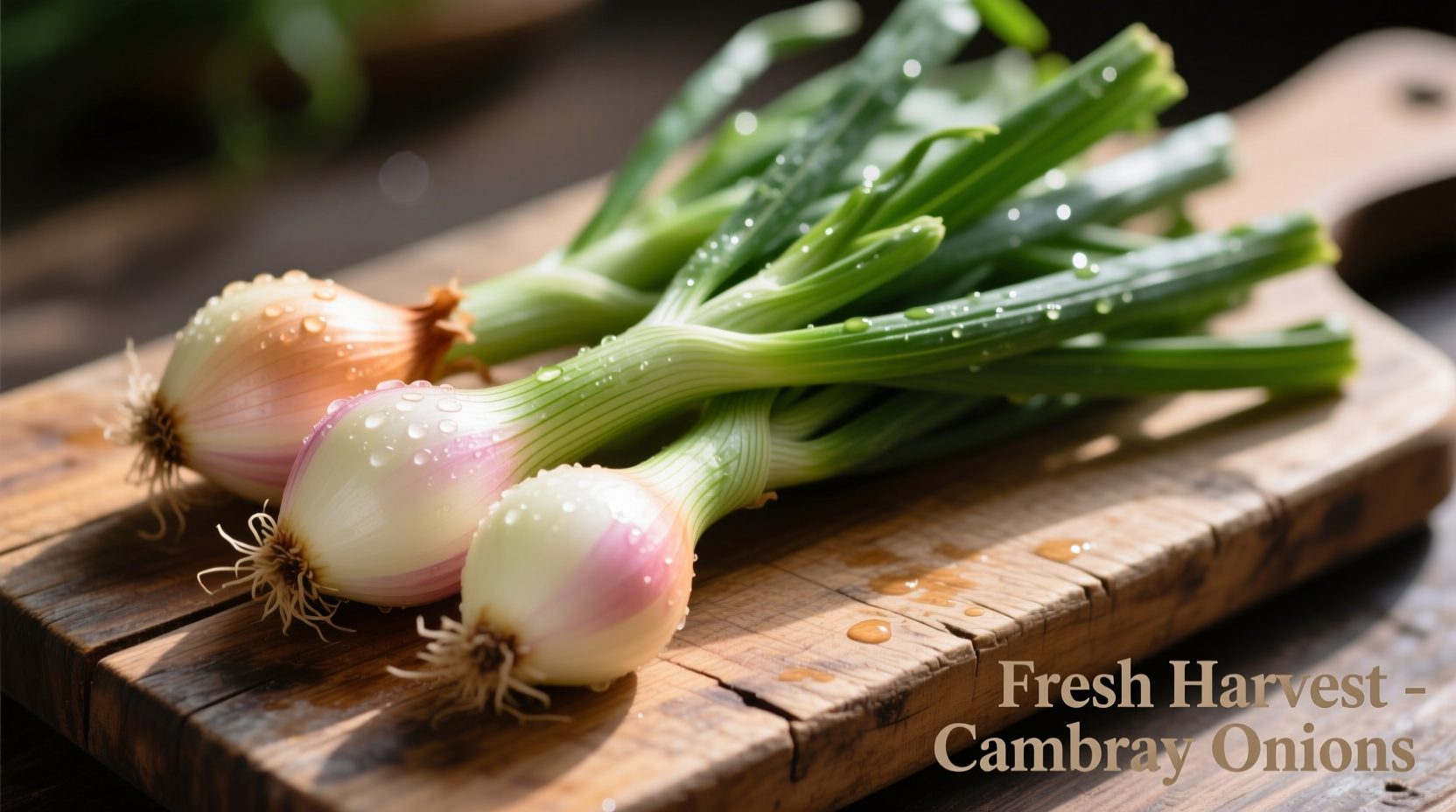 Fresh Cambray onions with green tops on wooden cutting board
