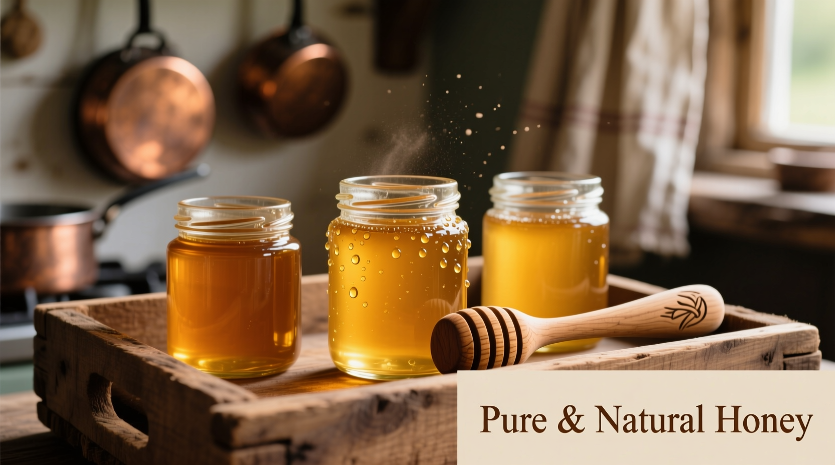 Amber glass honey jars with wooden dipper