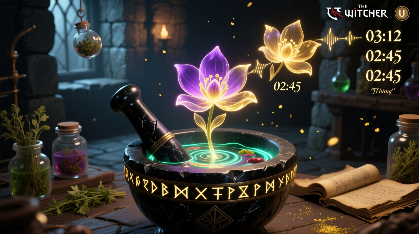 Potion Craft mortar interface showing bloom timing indicators