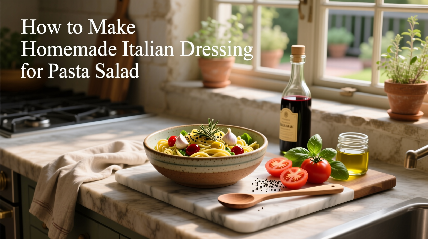 Close-up of homemade Italian dressing being poured over cooked pasta in a large mixing bowl
