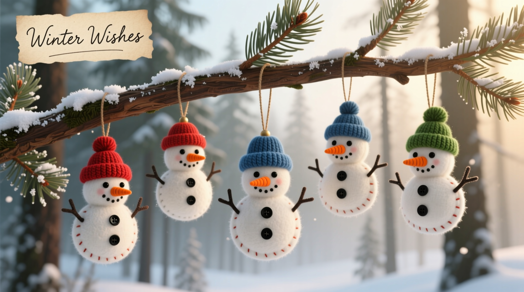 Five handmade snowman ornaments hanging on pine branch