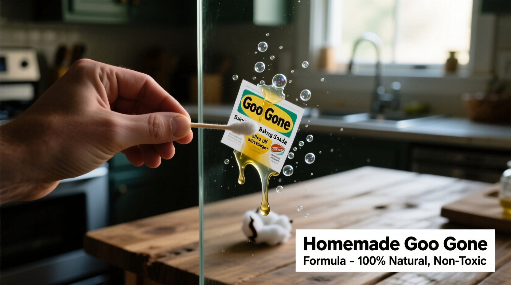 Applying homemade goo gone to remove sticker residue from glass