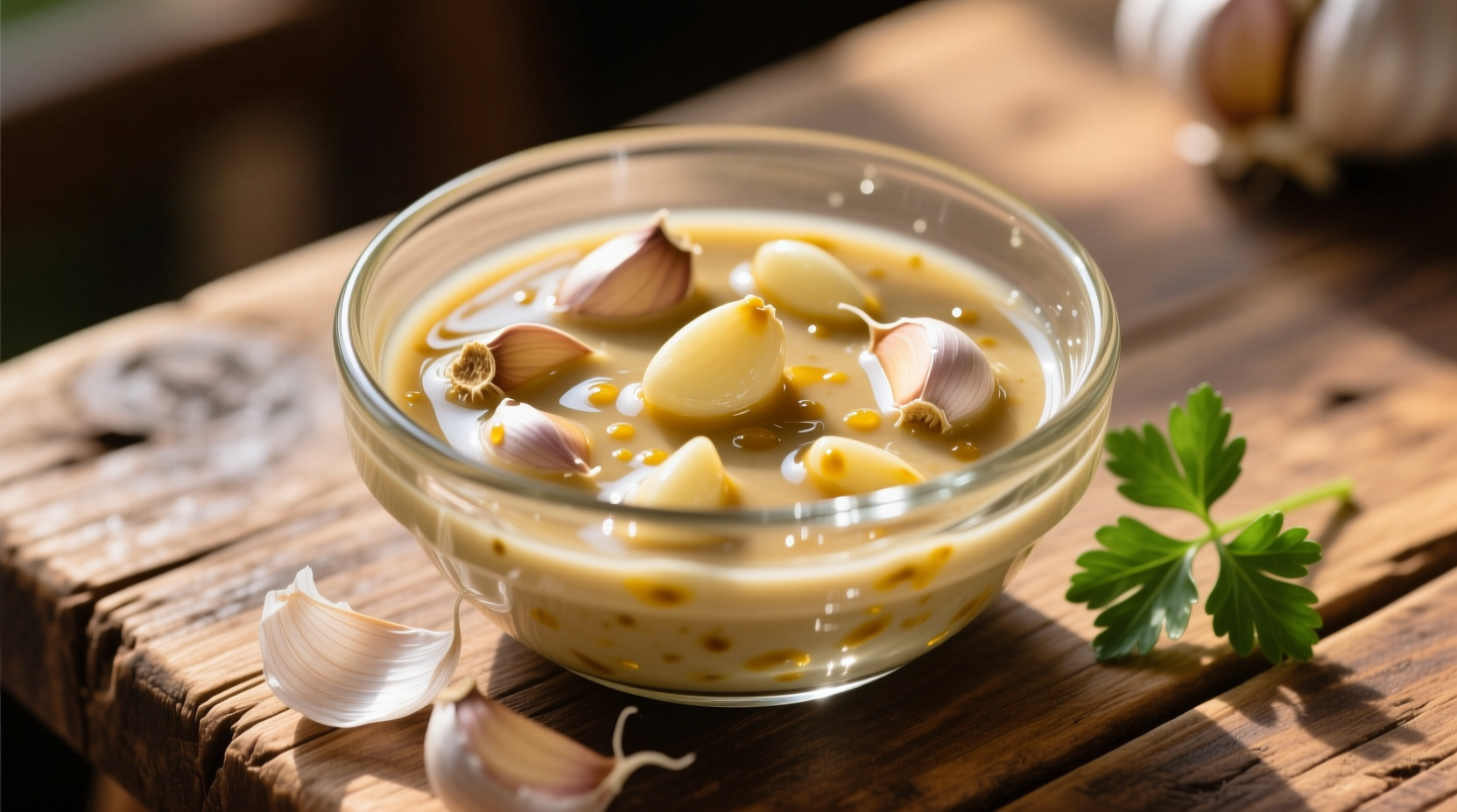 Homemade garlic sauce in glass bowl with garlic cloves
