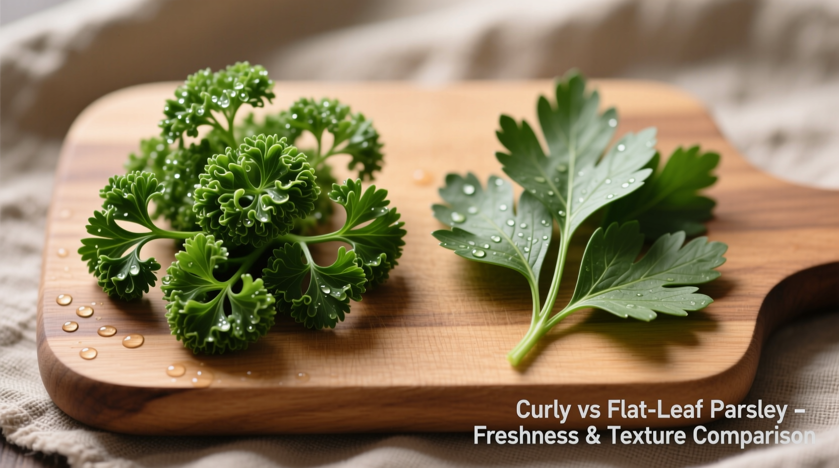 Side-by-side comparison of curly and flat-leaf parsley on cutting board