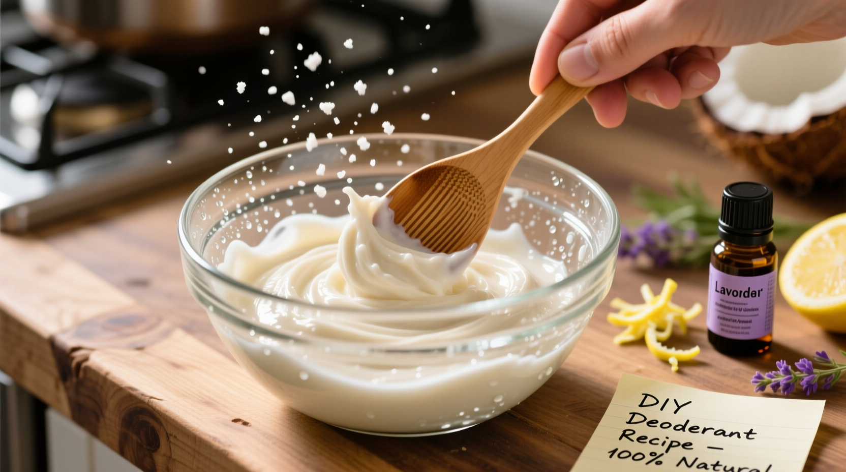 Whipping DIY deodorant mixture in glass bowl