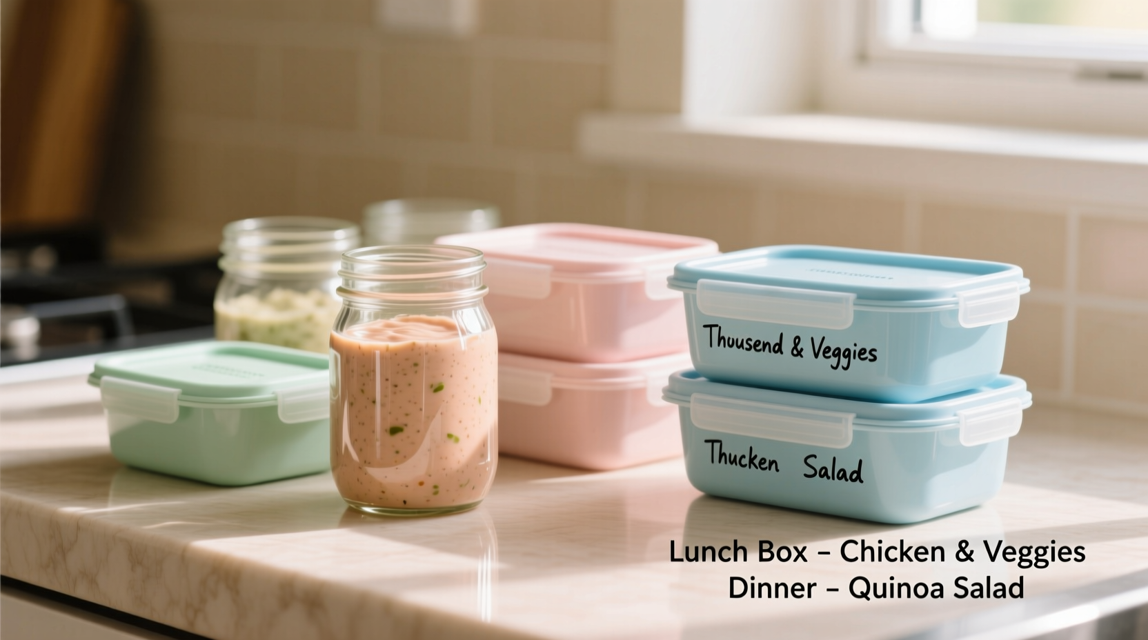 Glass jars of thousand island dressing with meal prep containers