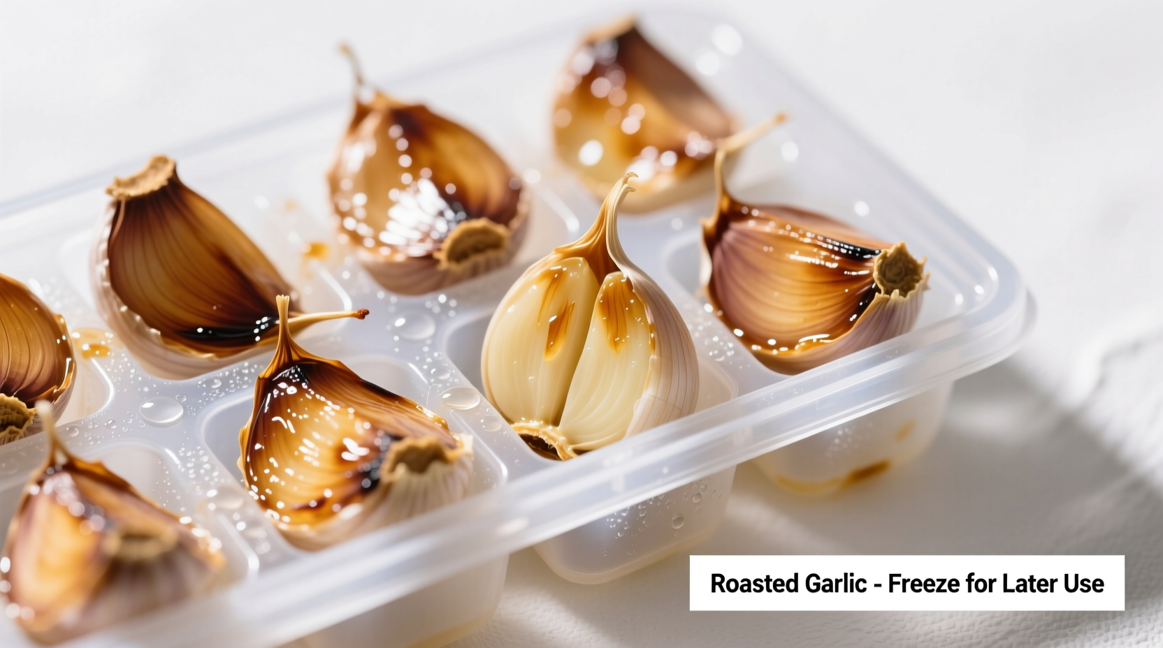 Roasted garlic cloves in ice cube tray ready for freezing