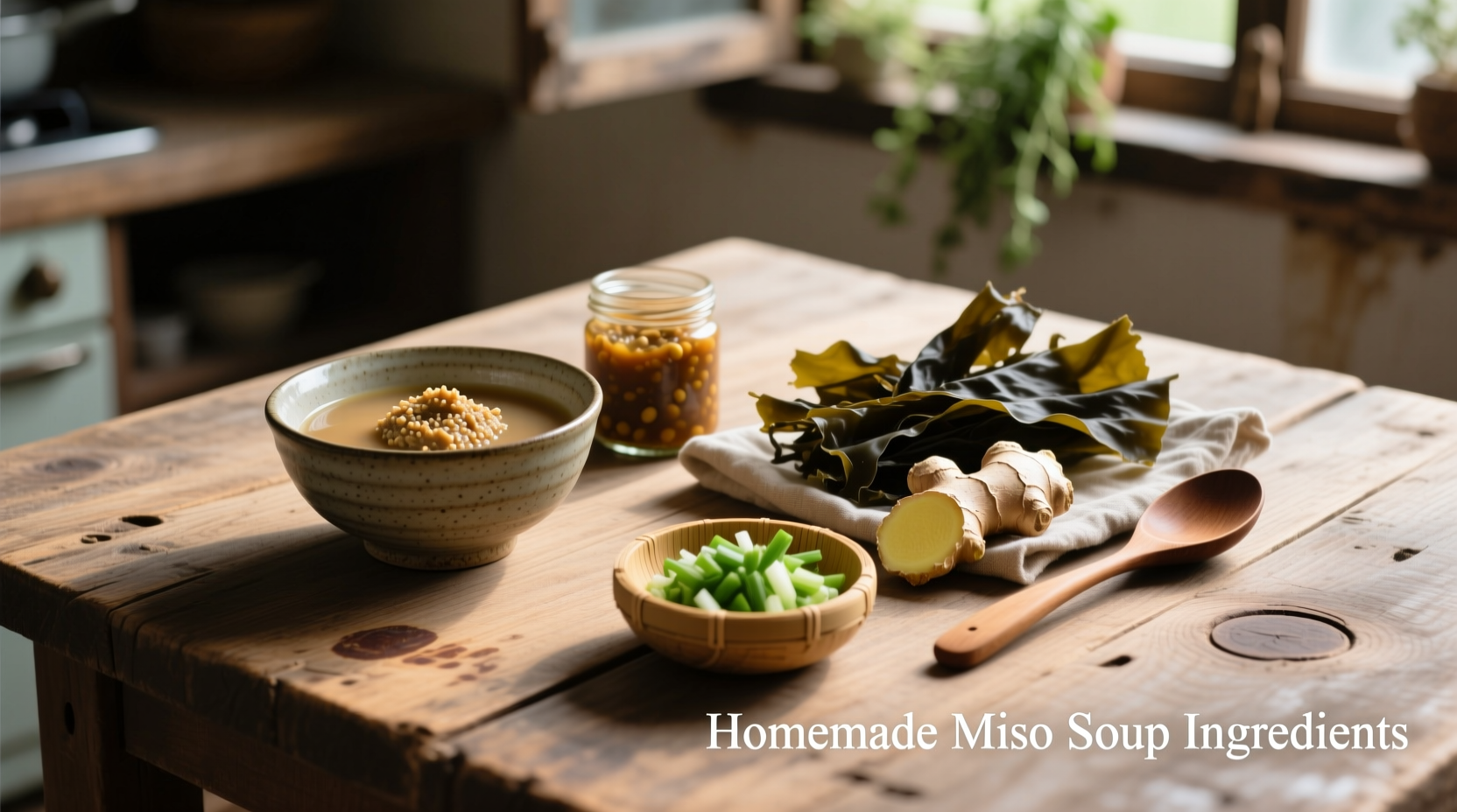 Homemade miso soup ingredients on wooden table