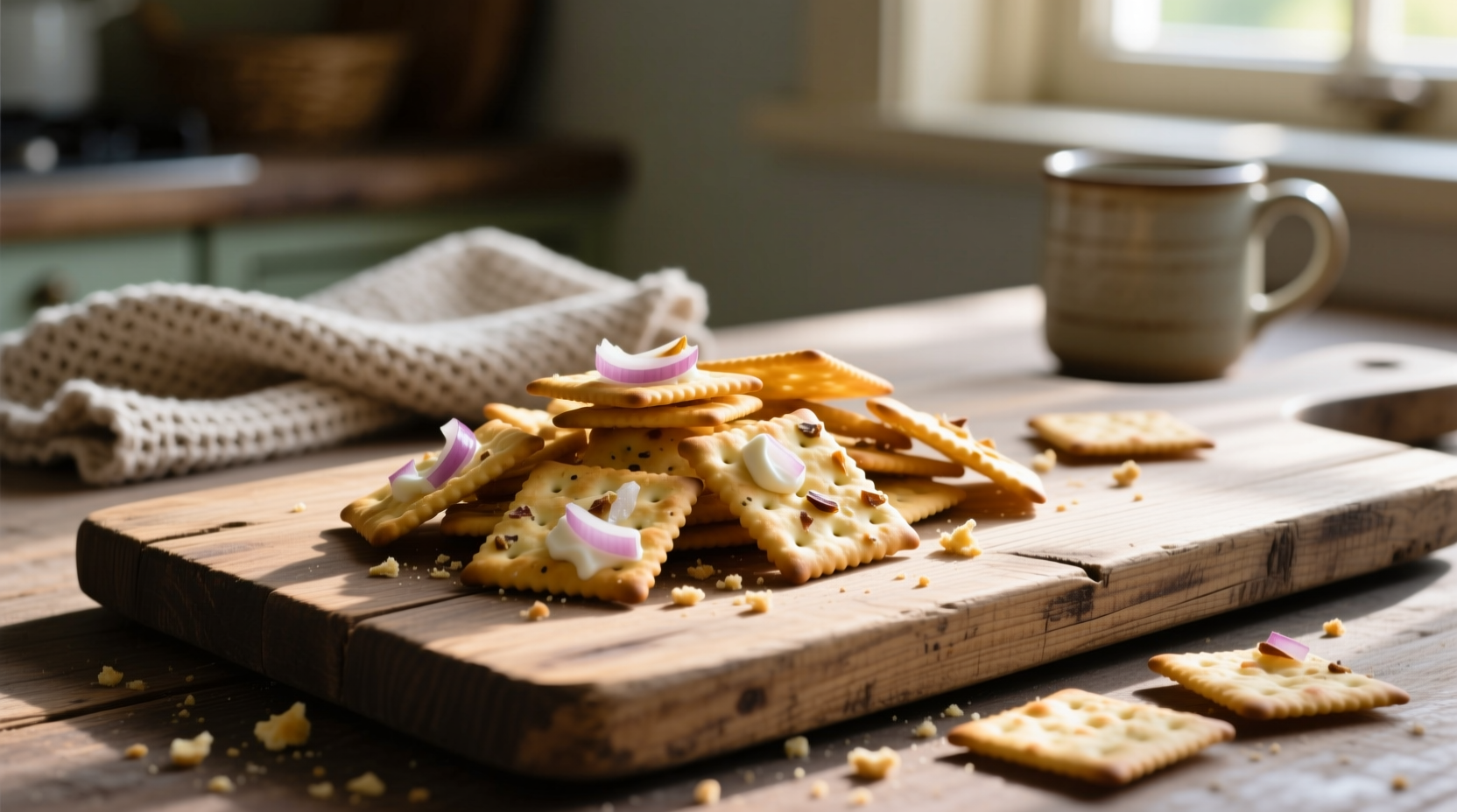 Ritz Sour Cream and Onion crackers arranged on wooden board