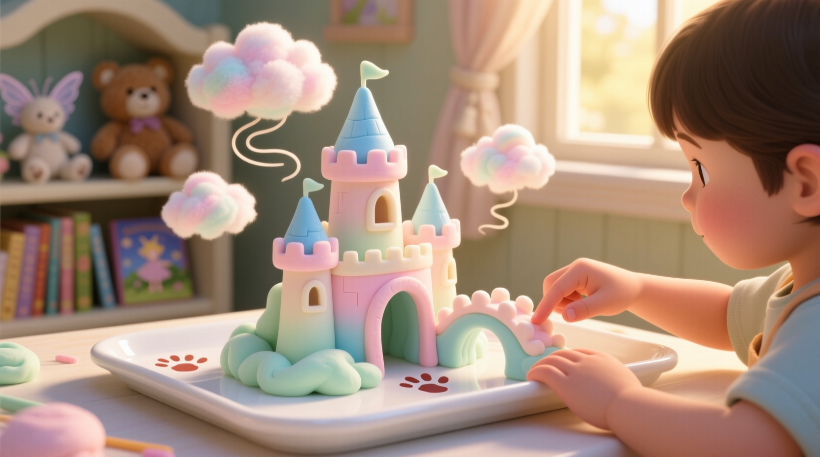 Child molding cloud dough into castle shapes on tray