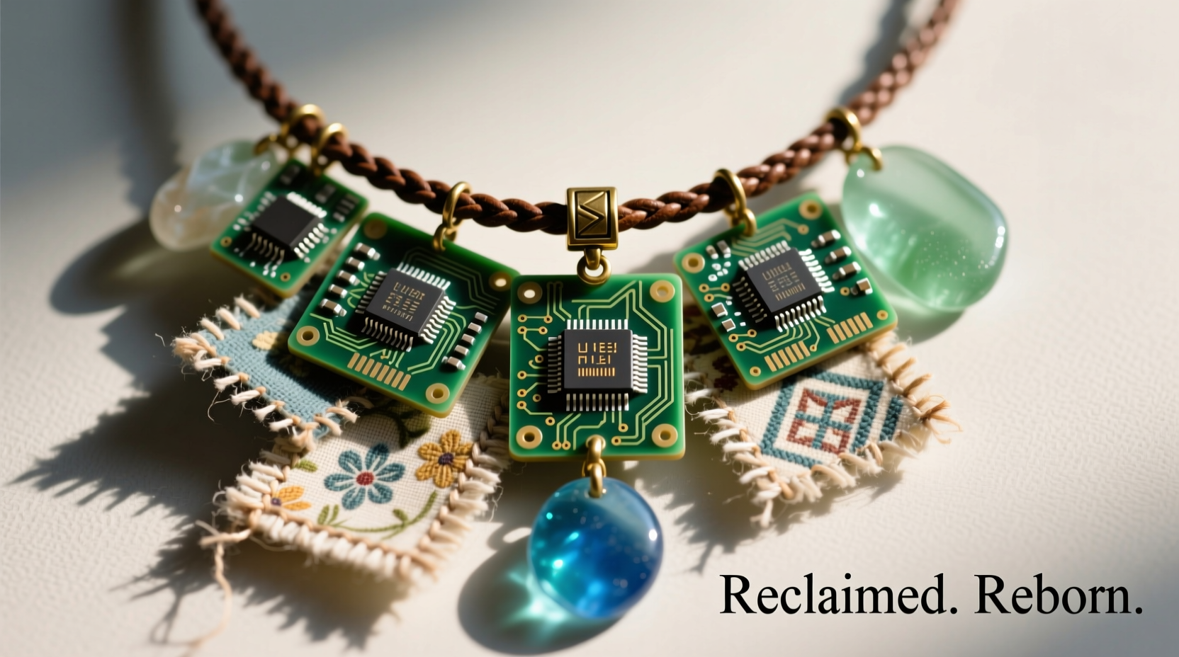 Necklace featuring charms made from circuit boards, fabric scraps, and sea glass
