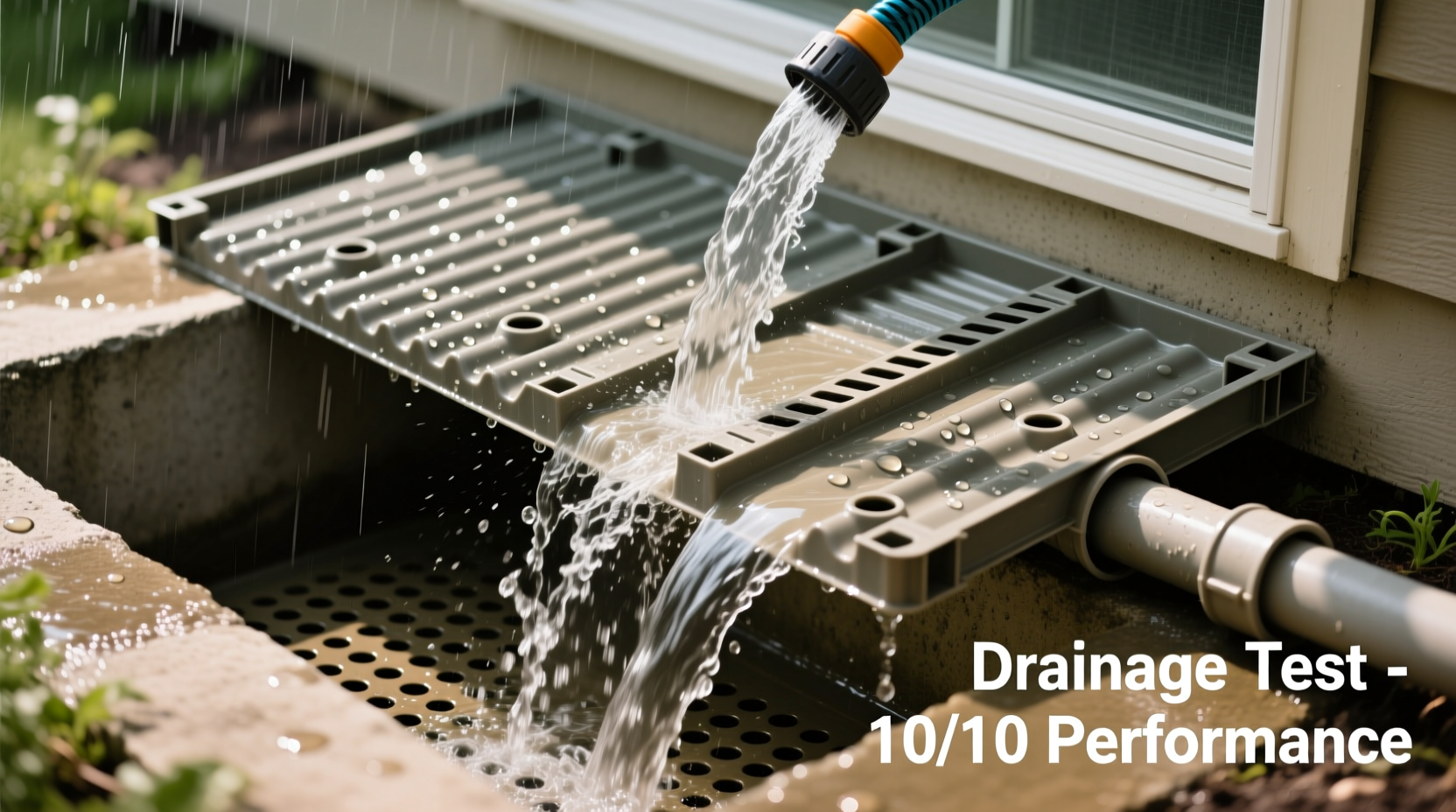 Testing DIY window well cover drainage with water