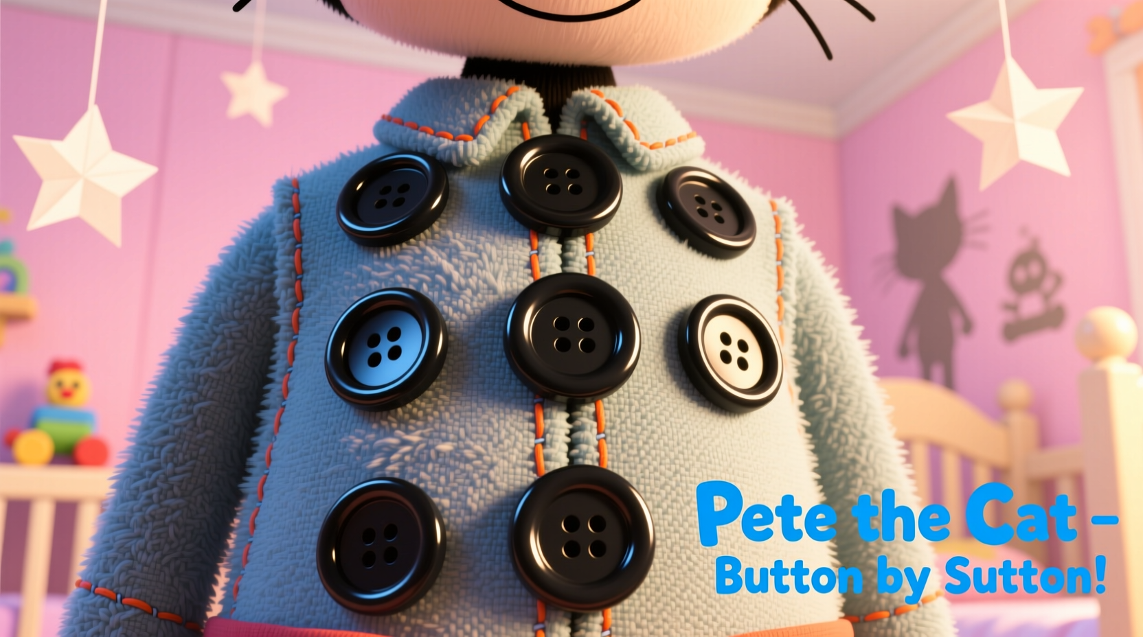 Close-up of Pete the Cat body construction with buttons