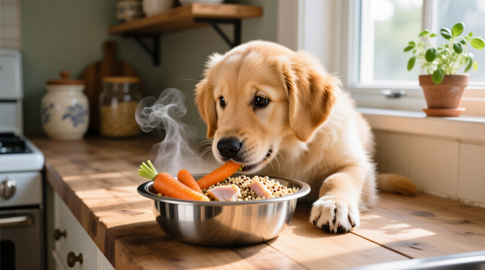 Puppy eating balanced homemade meal from stainless steel bowl