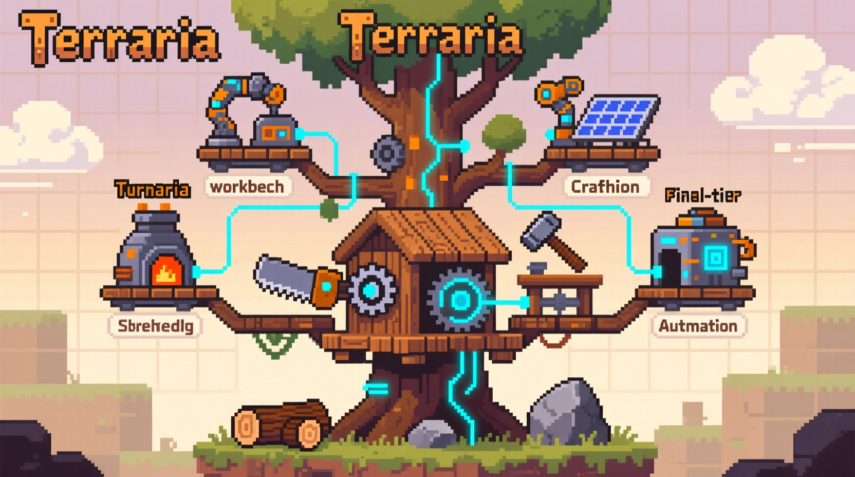 Terraria crafting tree showing sawmill as prerequisite for multiple advanced stations