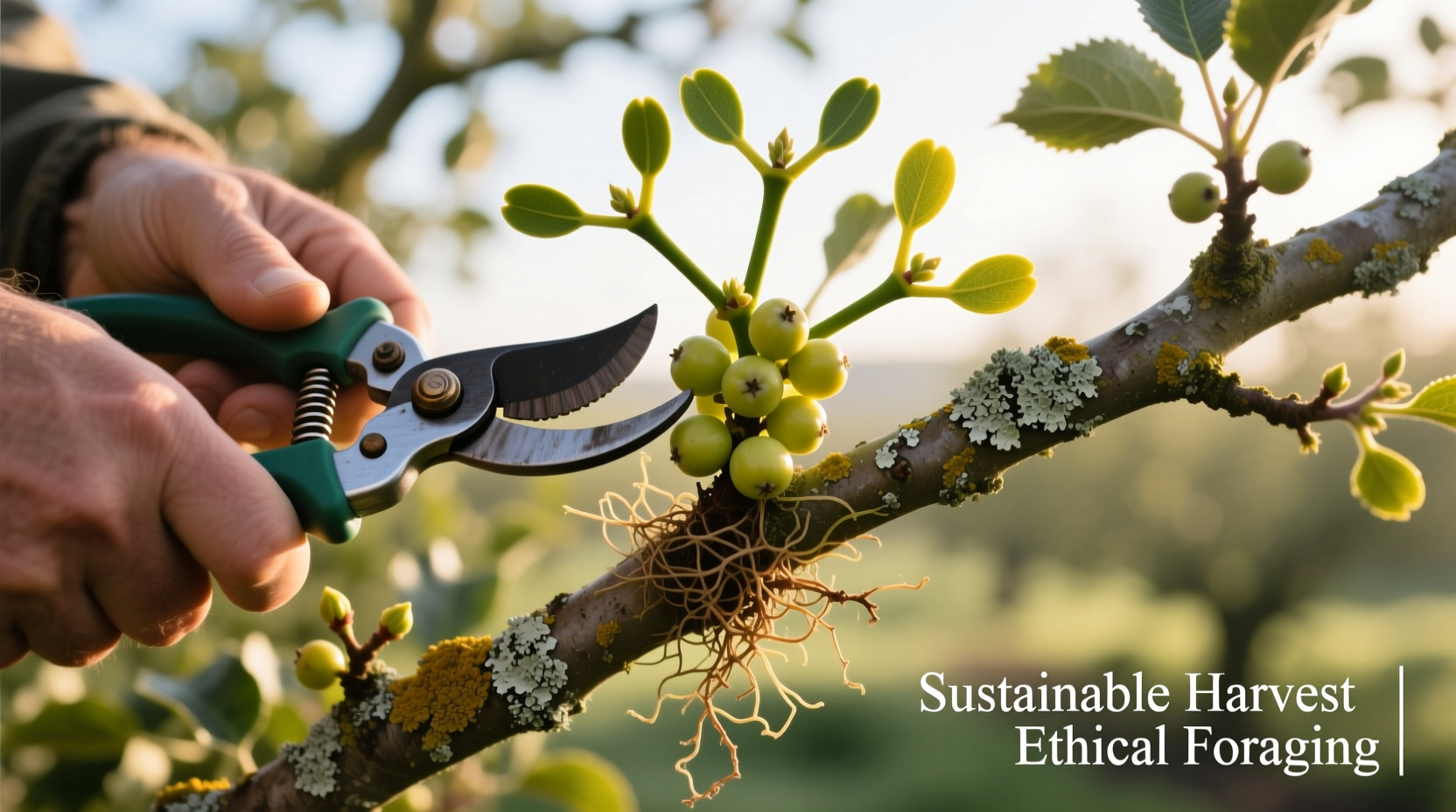 Ethical mistletoe harvesting showing selective pruning on apple tree branch