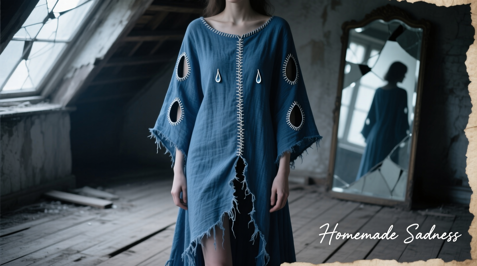 Homemade Sadness costume with blue fabric and tear details