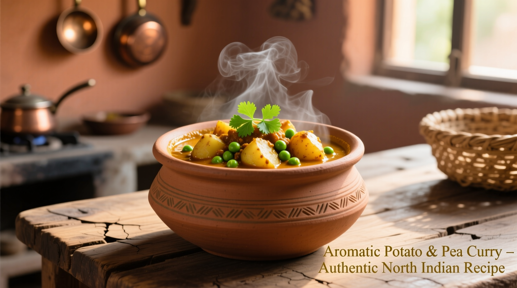 Aromatic potato and pea curry in traditional clay pot