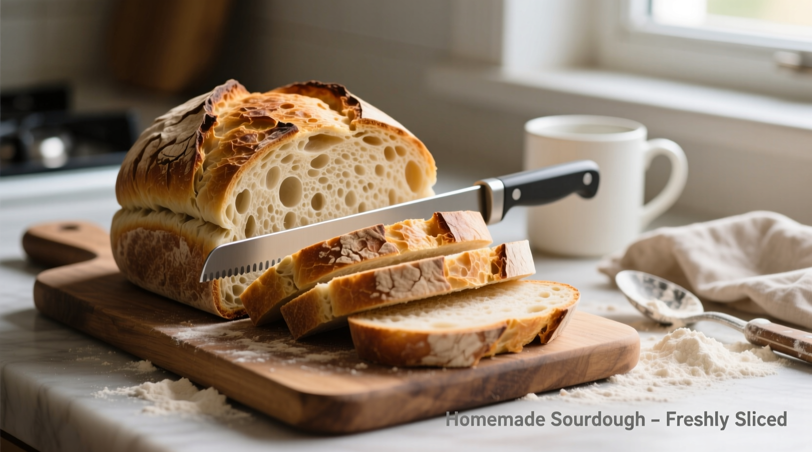 Homemade sourdough loaf with perfect even slices from bread slicer