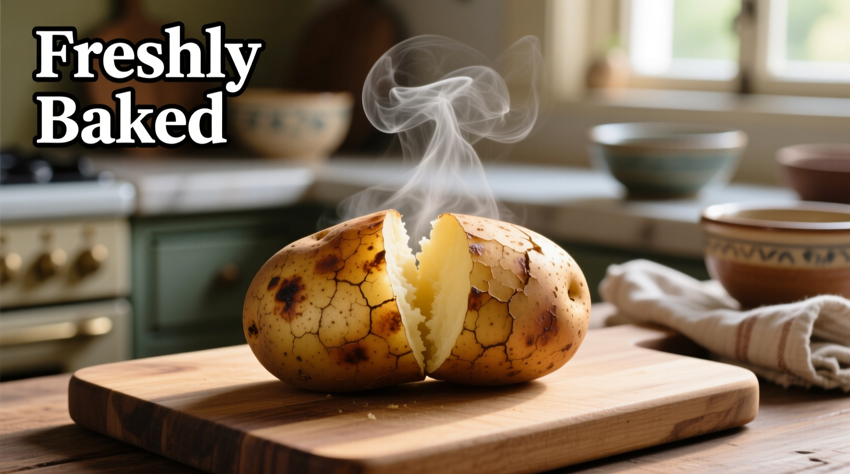 Perfectly baked potato with steam rising from cut surface