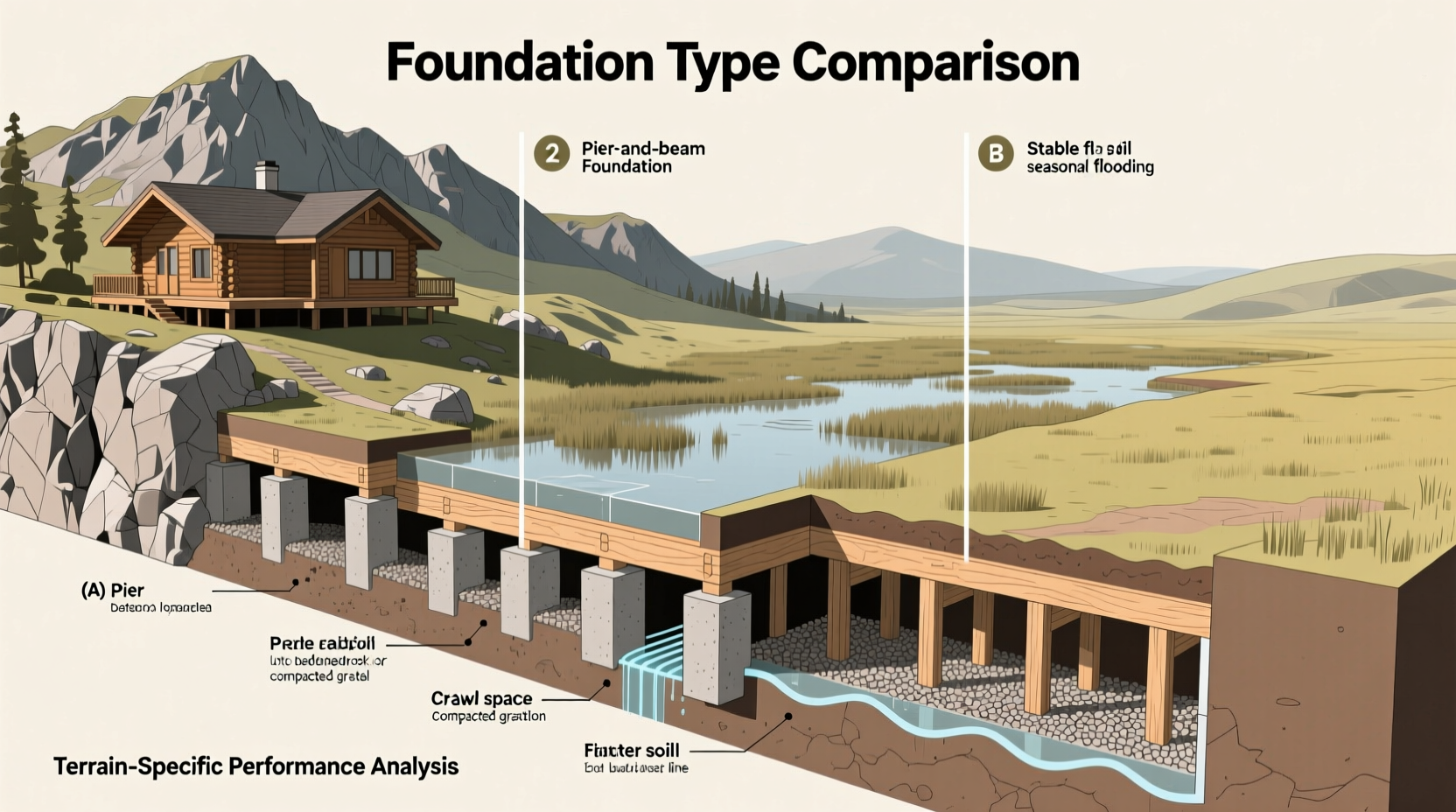 Log cabin foundation options comparison for different terrains