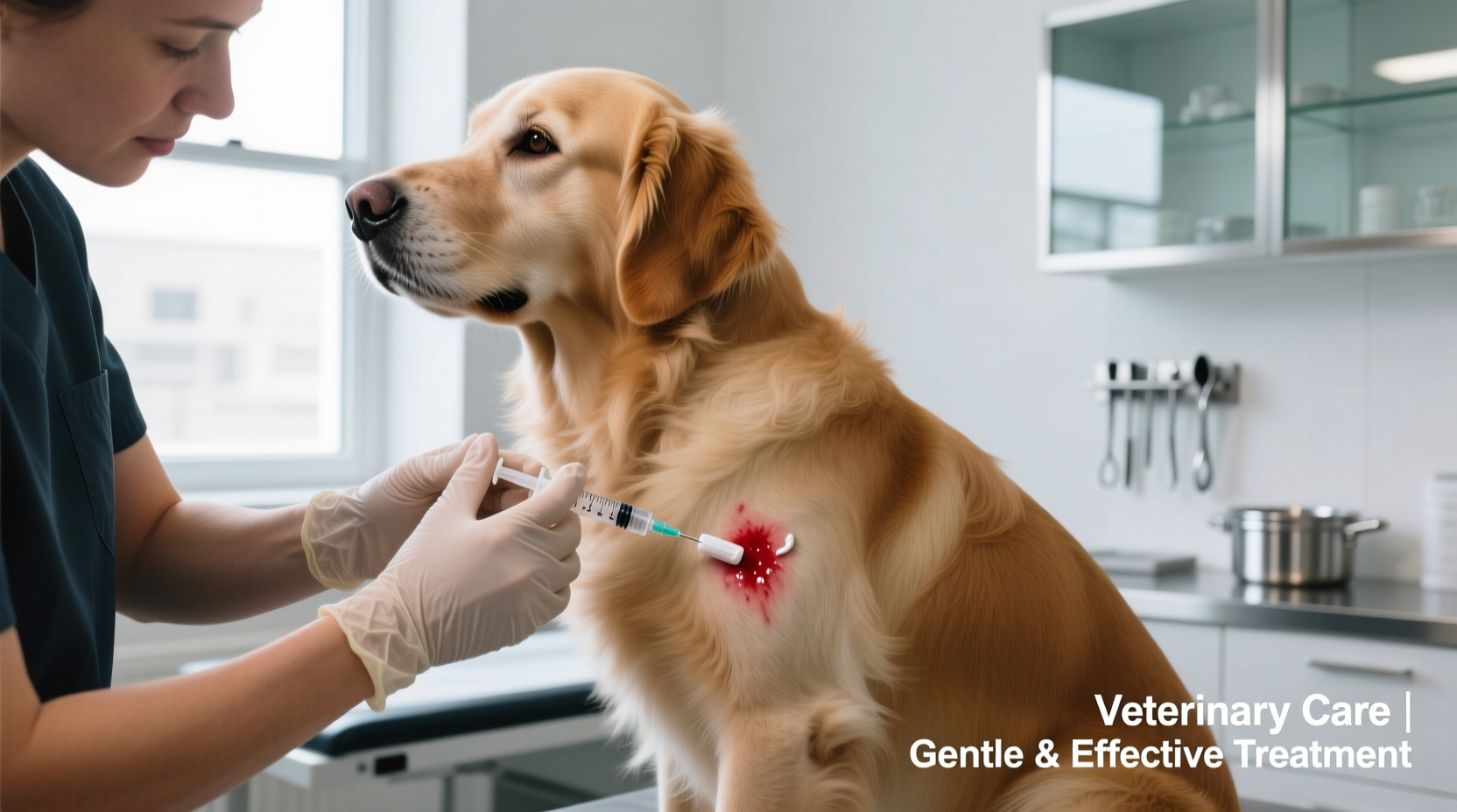 Dog owner applying topical solution to clipped hotspot area