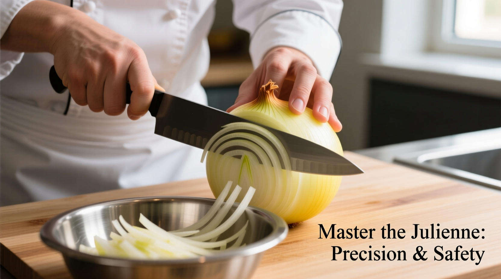 Chef demonstrating proper julienne cutting technique on onion