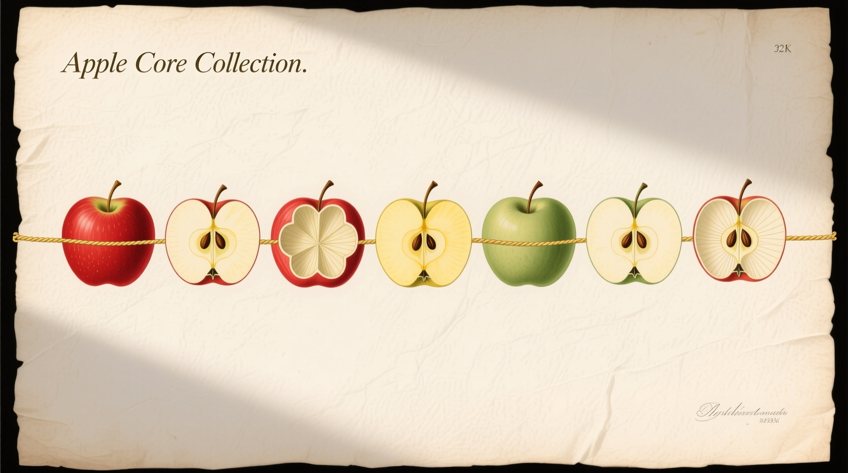 String of colorful apple core prints on paper