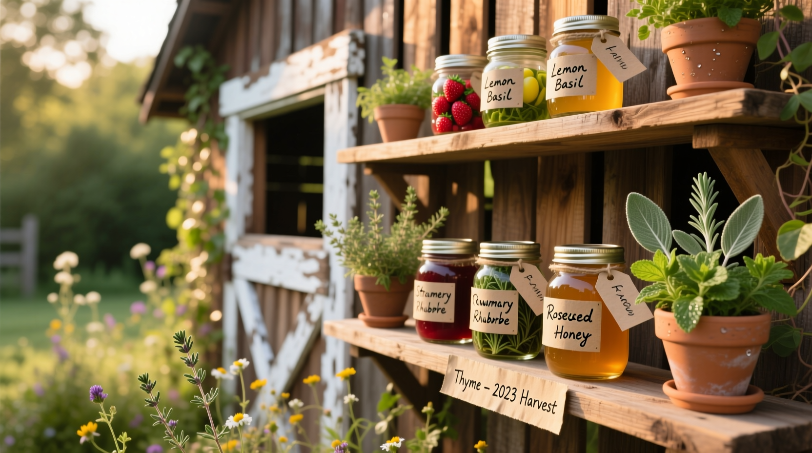 DIY backyard craft food barn setup with labeled preserves and herbs