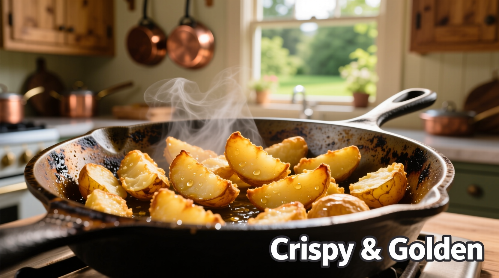 Perfectly golden fried potatoes in cast iron skillet