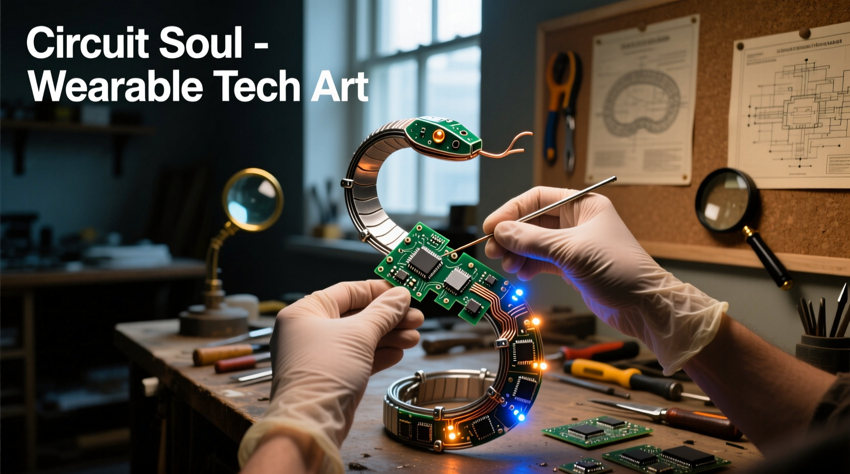 Jewelry artist assembling circuit board fragments into wearable art