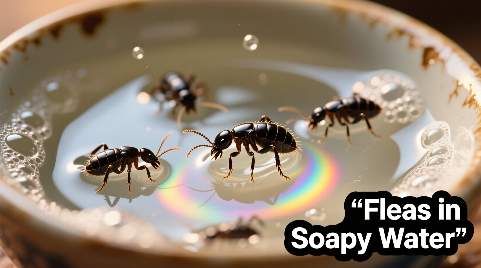 Close-up of fleas trapped in soapy water bowl