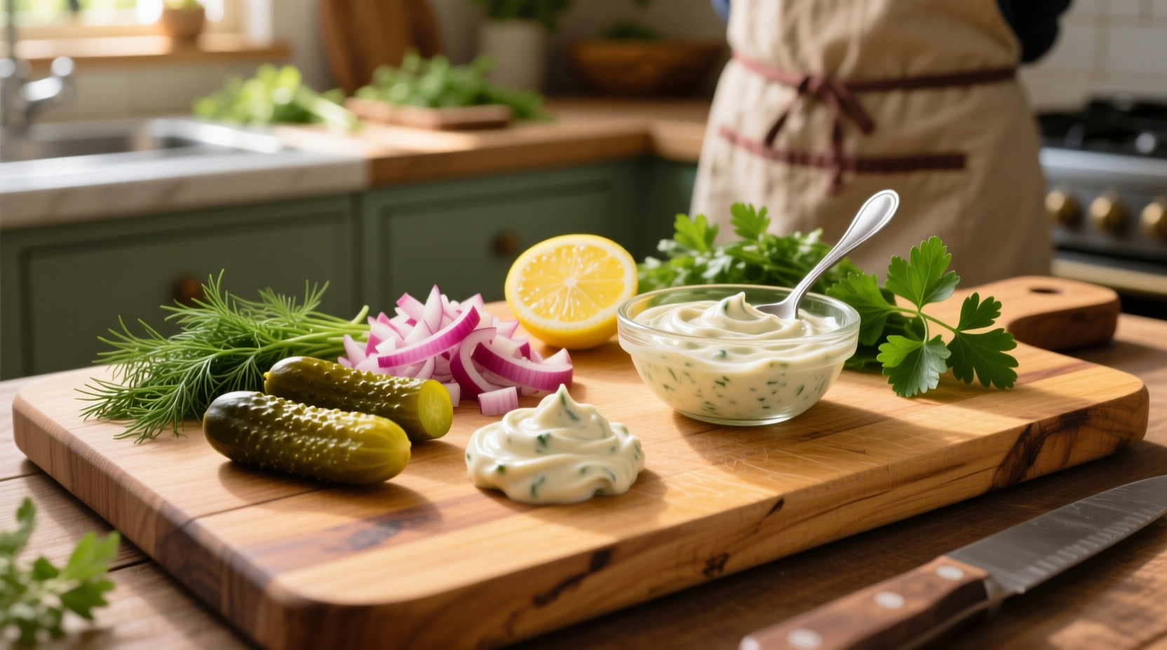 Fresh tartar sauce ingredients on wooden cutting board