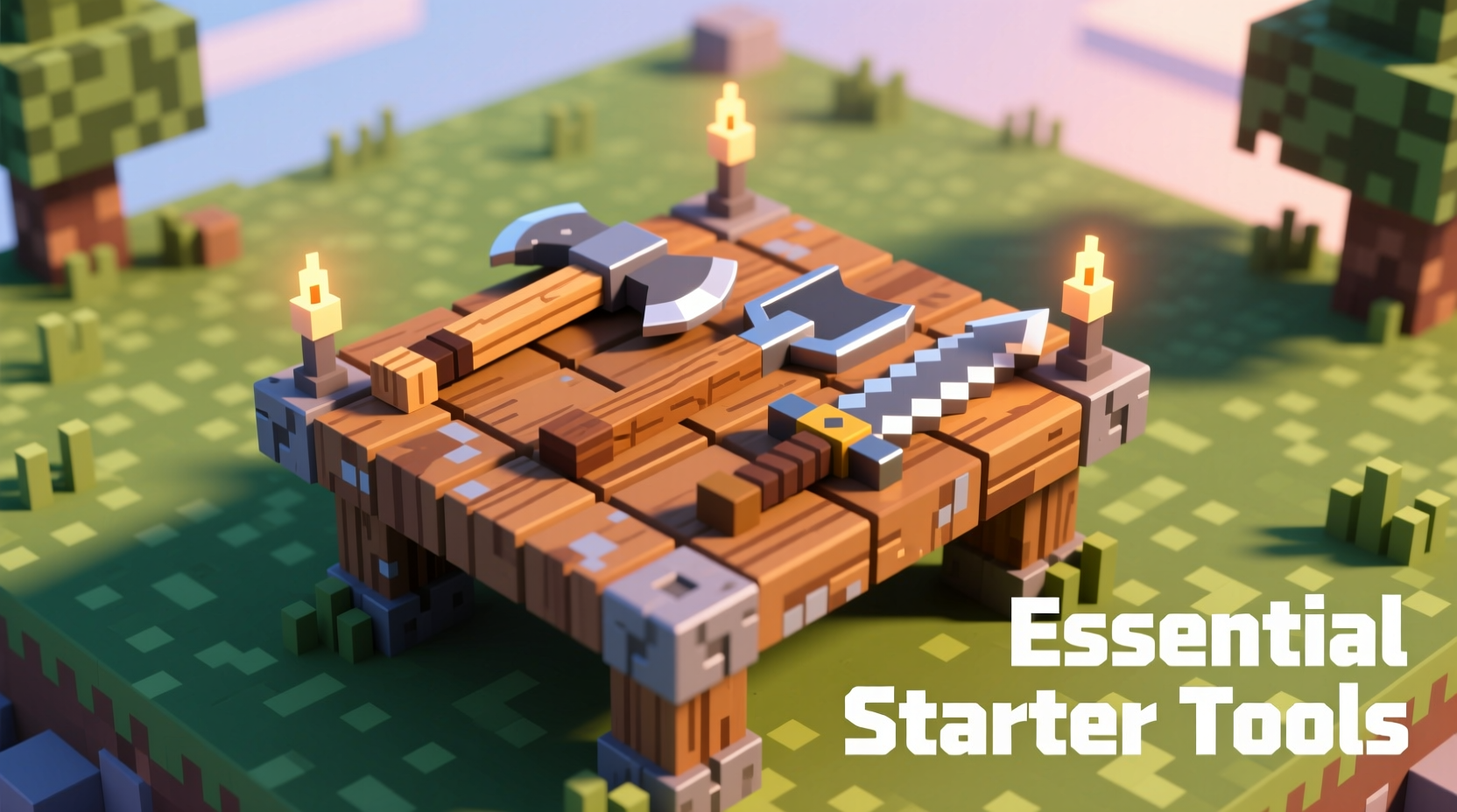 Essential Minecraft starter tools on crafting table